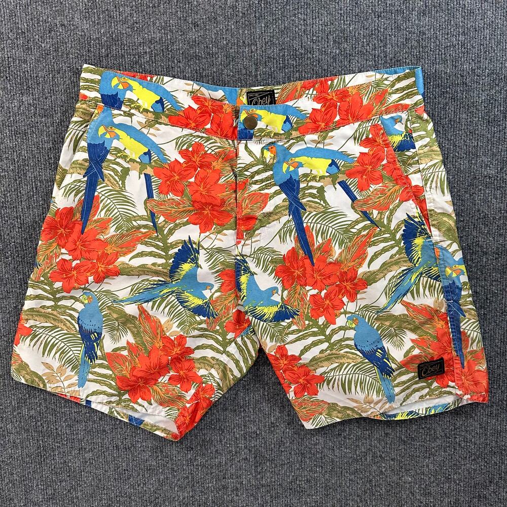 Obey Men's Kalea Hybrid Short Hawaiian Print Parrot Tropical Y2K Indie Sleeze 33